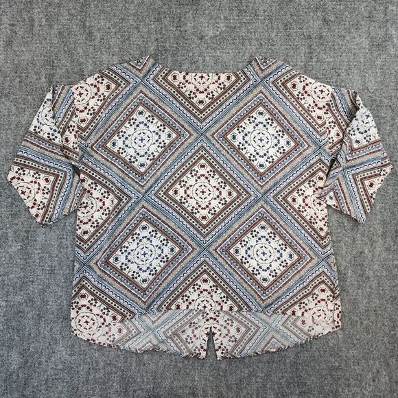 J Jill Top Womens Large Geometric Diamond Button Back 3/4 Sleeve Casual Blouse - Picture 1 of 13